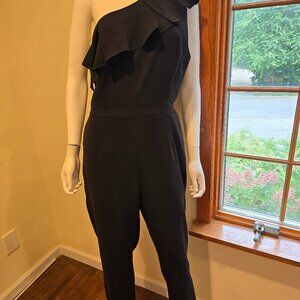 Adelyn Rae Asymmetrical Black Jumpsuit One Shoulder Ruffle Neck